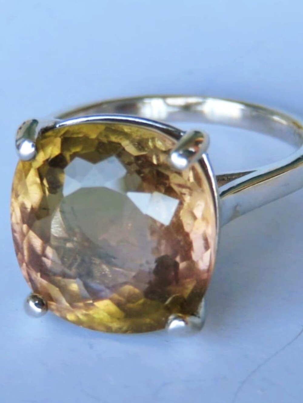 Top-Grade Large Peach-Pink/Green Natural Bicolor Tourmaline Sterling Silver Ring